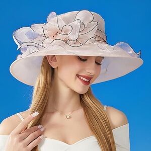 NEW Kentucky Derby, Tea Party Blush Organza Fascinator Sun Hat w/Floral & Pearl